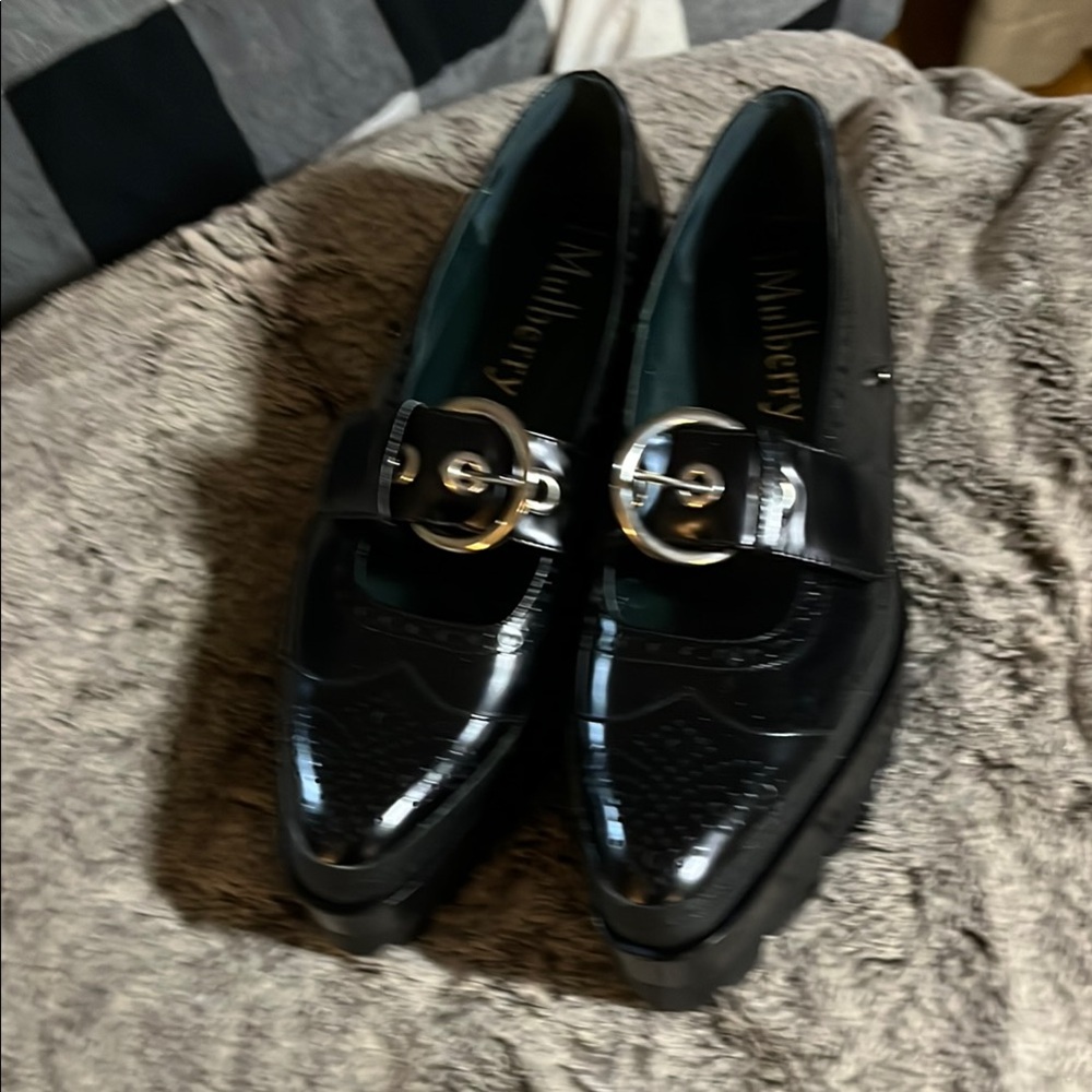 Mulberry Black Patent Leather Loafers with Silver Detail -Altered-strap removed